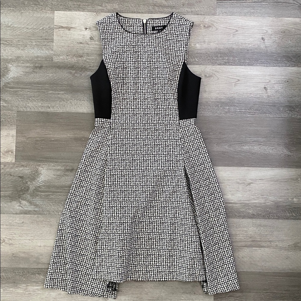DKNY Houndstooth Sleeveless Dress Black White Fit Flare A Line Office Sz 6